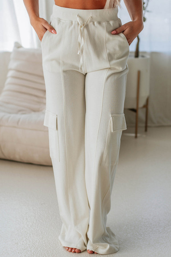 Beige Plain Cargo Pockets High Waist Sweatpants