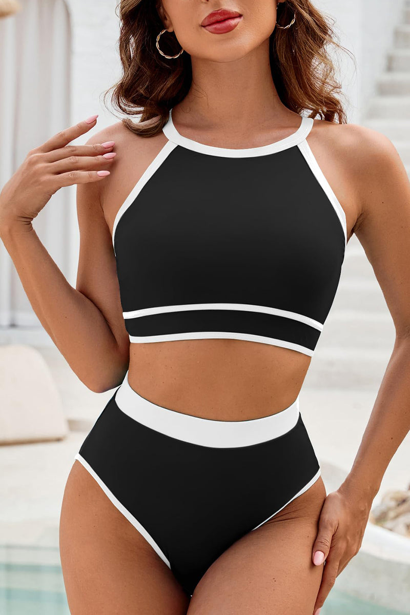 Black Contrast Trim Crisscross Back High Waist Bikini Set