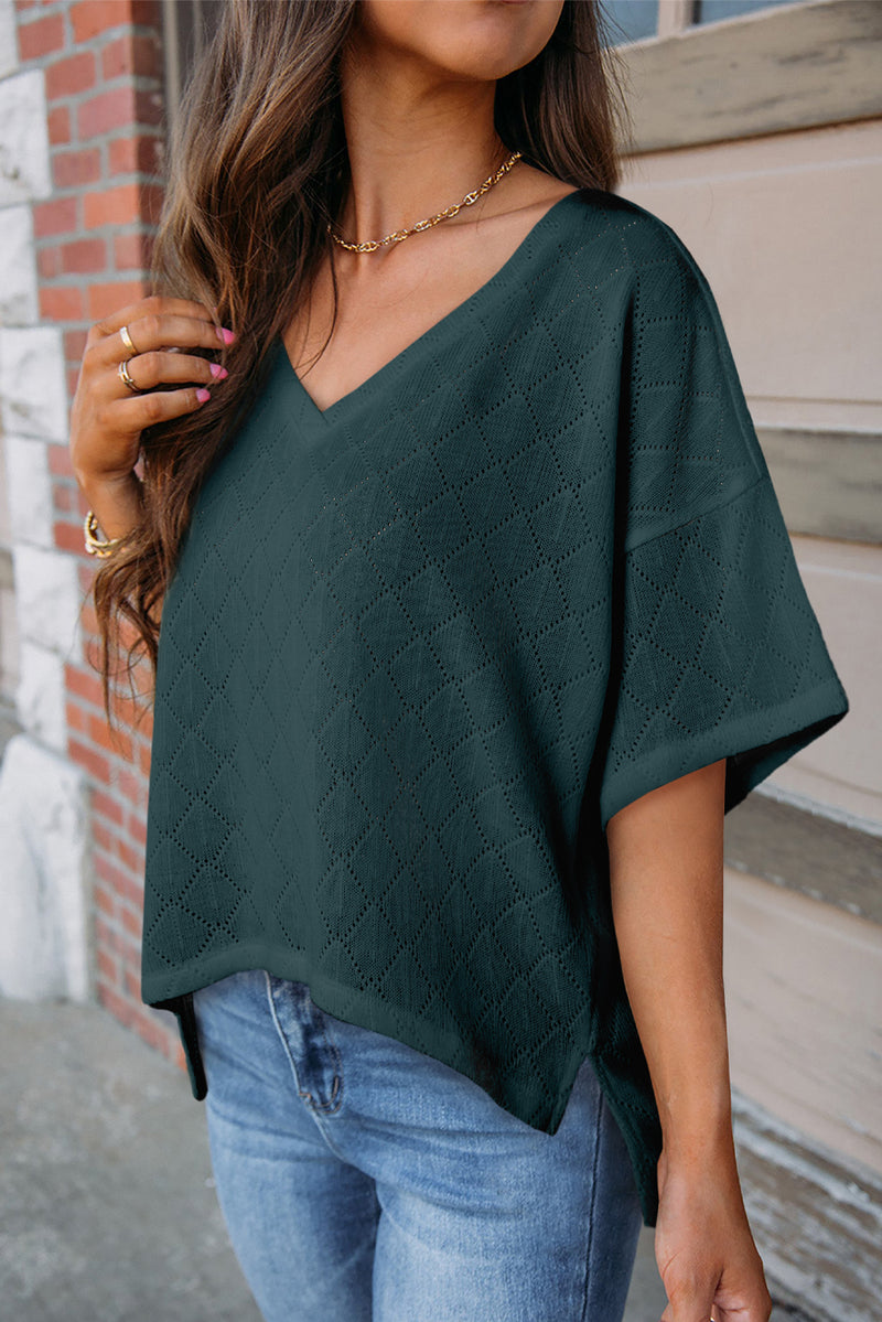 Blackish Green Textured V Neck Knitted Flowy Blouse