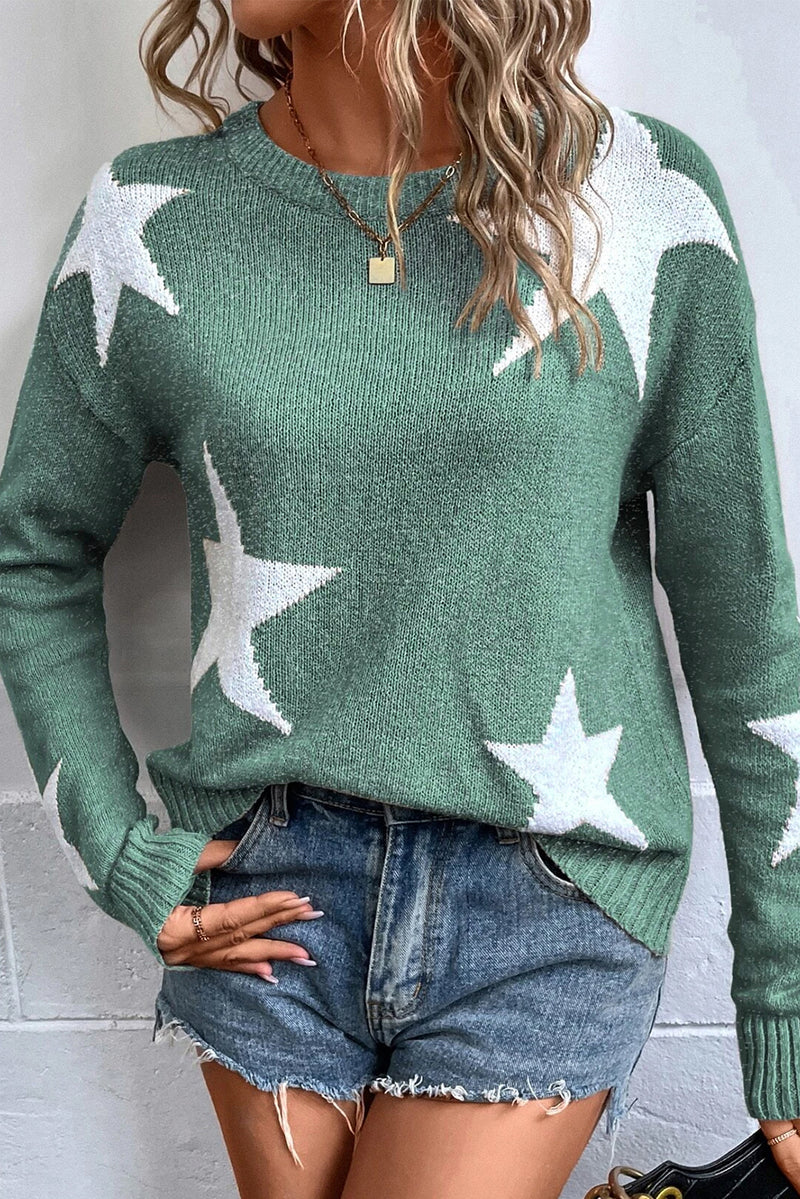 Gray Star Pattern Drop Shoulder Knit Sweater