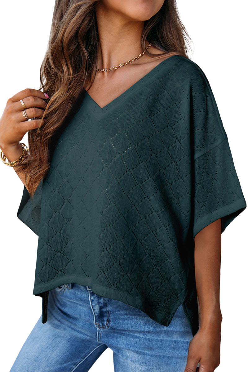 Blackish Green Textured V Neck Knitted Flowy Blouse