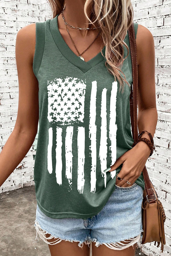 Mist Green American Flag Graphic V Neck Tank Top