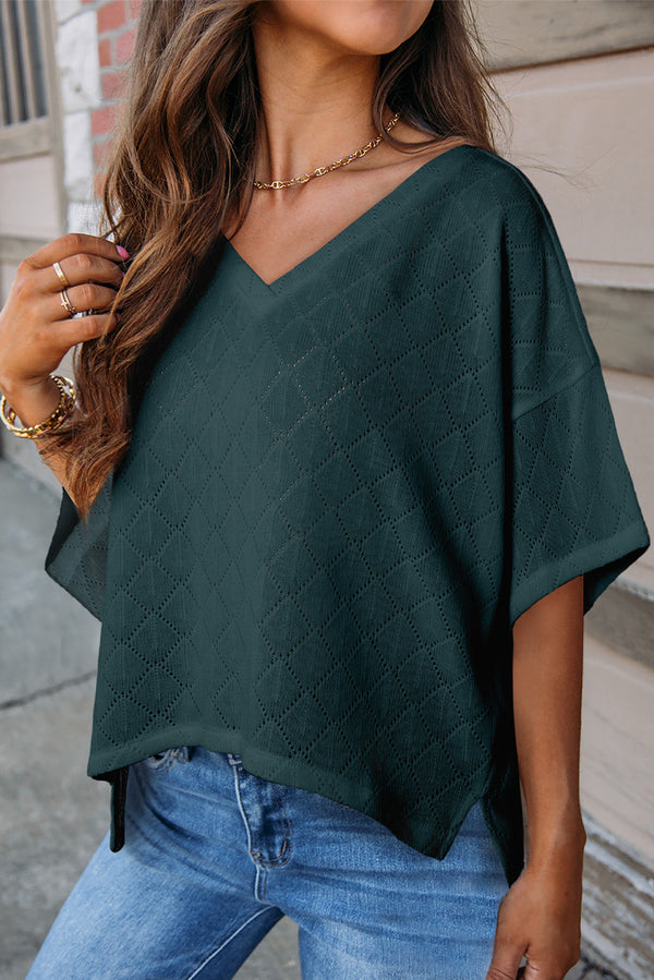 Blackish Green Textured V Neck Knitted Flowy Blouse