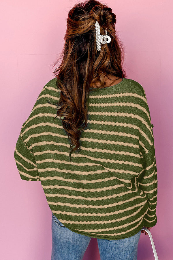 Green Stripe Casual Stripe Round Neck Drop Shoulder Sweater