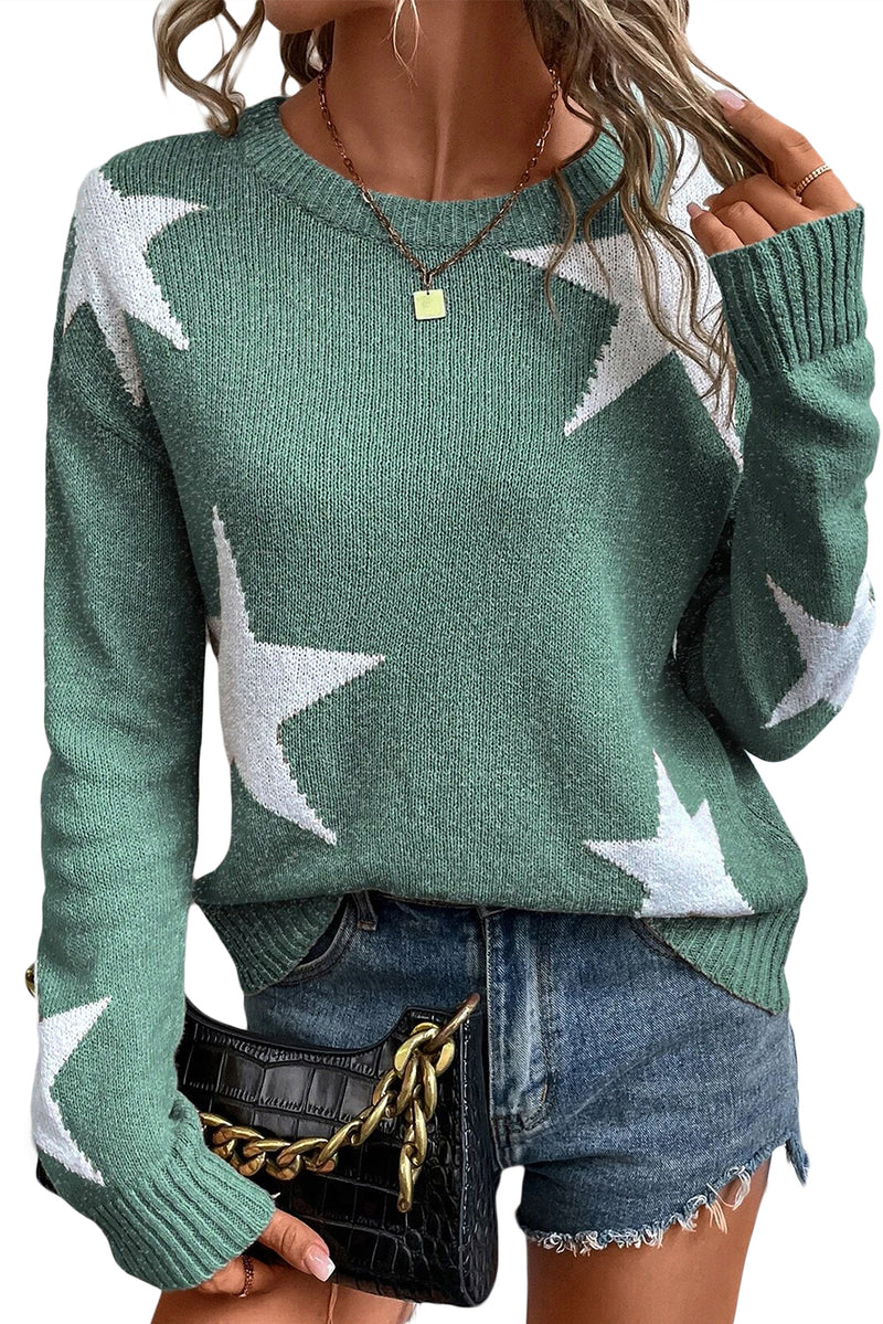 Gray Star Pattern Drop Shoulder Knit Sweater