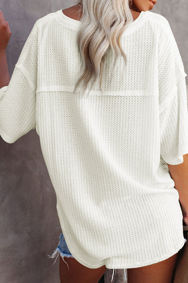 White Waffle Knit Casual Drop Shoulder Loose Top