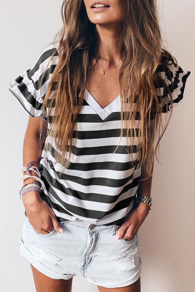 Black Striped V Neck Ruffle Sleeve Top