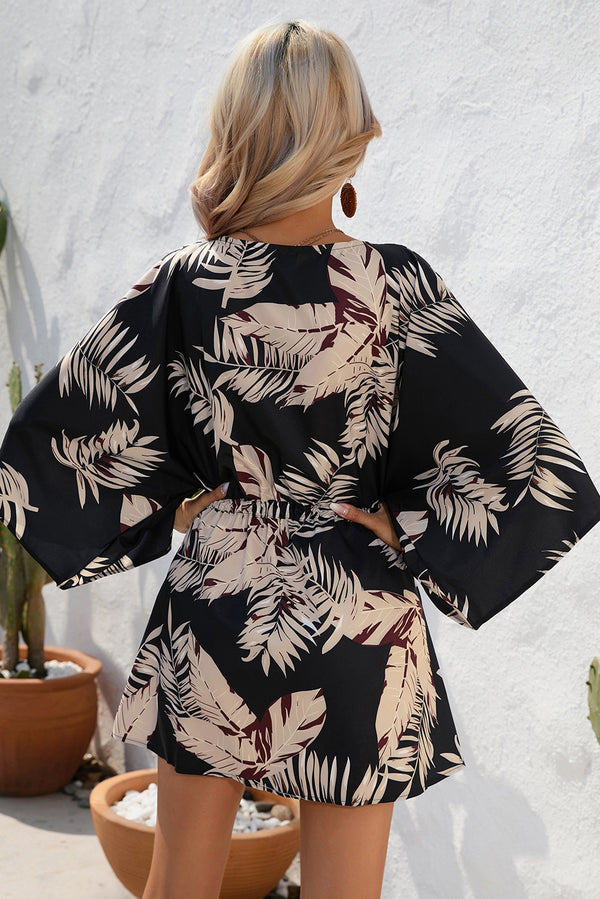 Black Tropical Leaf Print Flounce Sleeve Drawstring Mini Dress