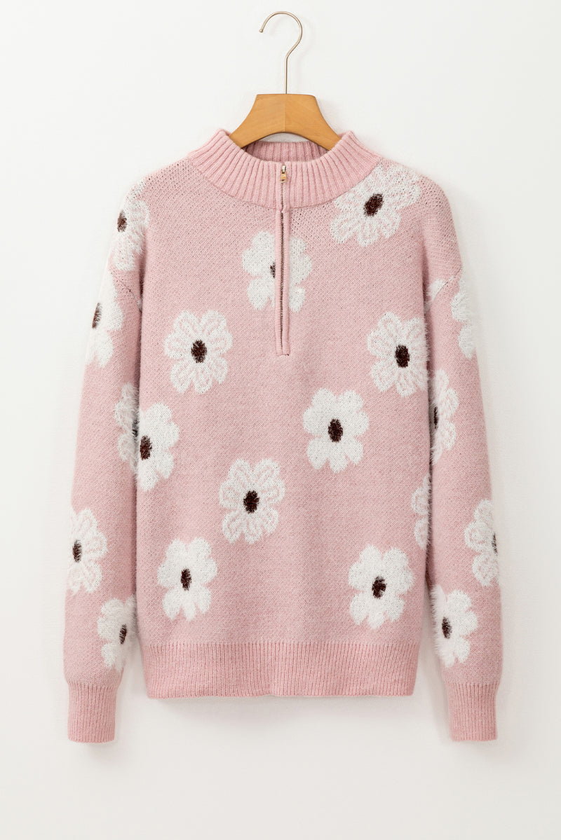 Pink Floral Pattern Half Zip Drop Shoulder Sweater