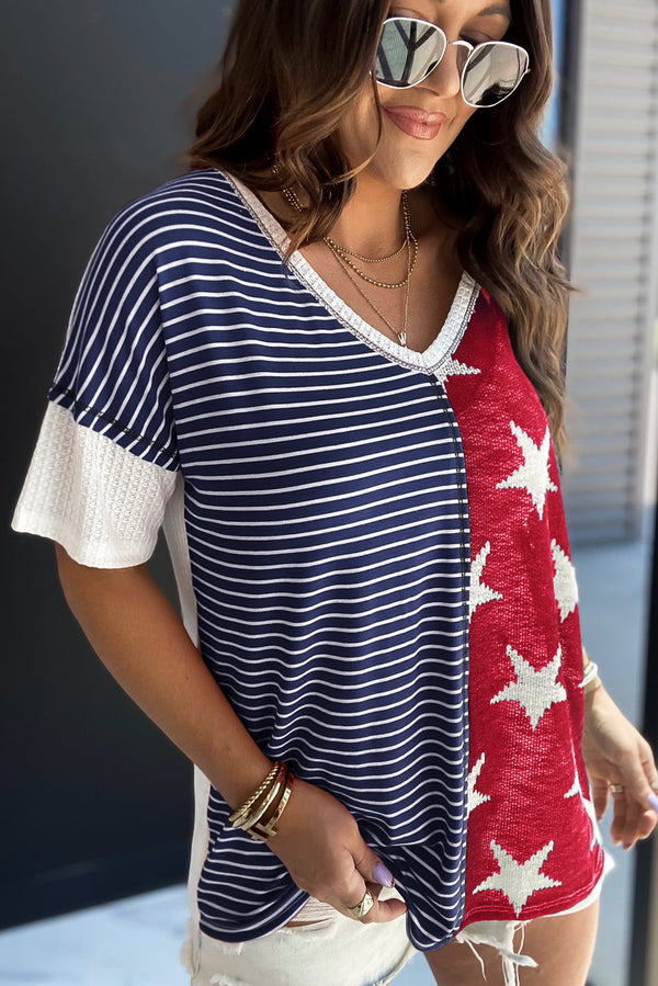 Dark Blue Stripes Stars Print Knit V Neck Short Sleeve Top