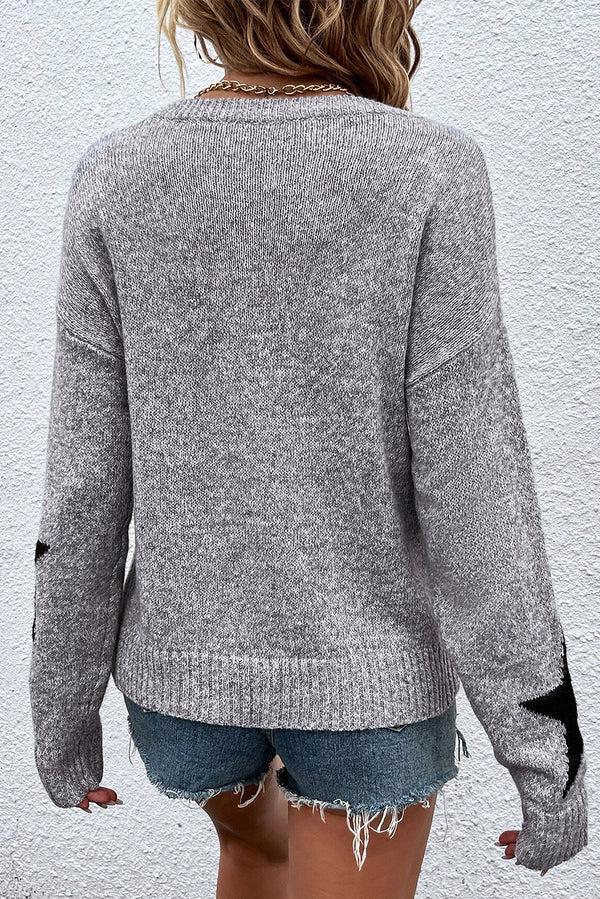 Gray Star Pattern Drop Shoulder Knit Sweater