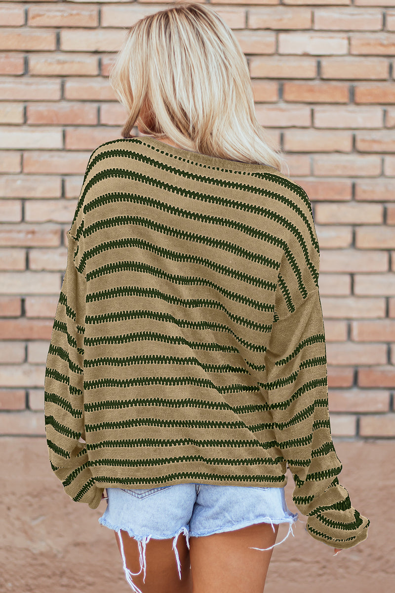 Green Stripe Casual Stripe Round Neck Drop Shoulder Sweater