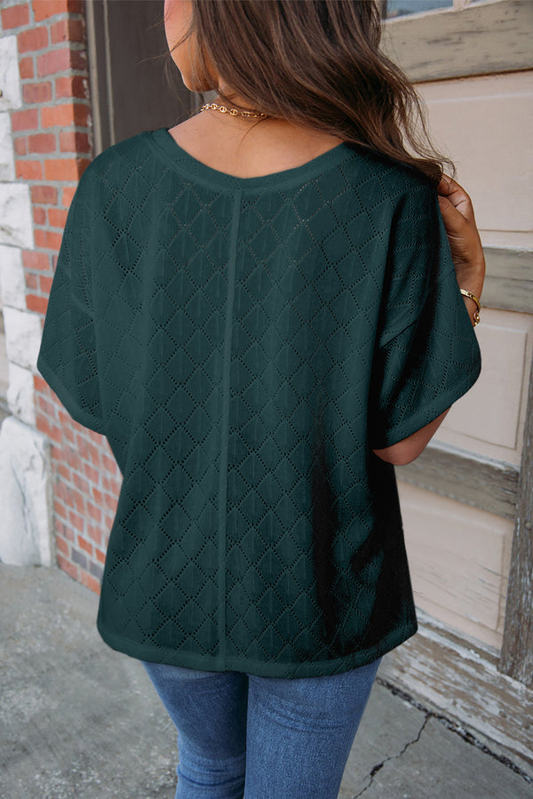 Blackish Green Textured V Neck Knitted Flowy Blouse