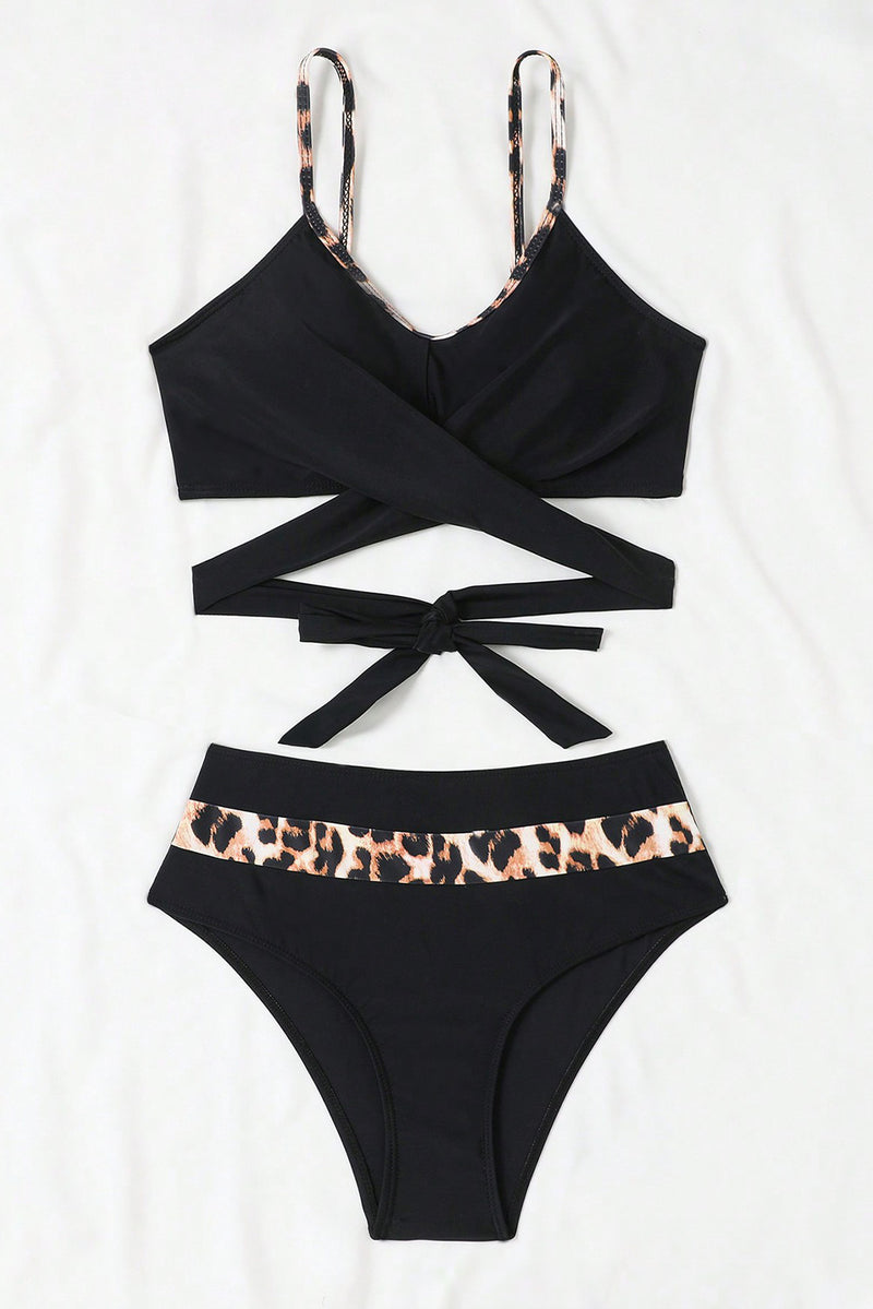 Black Leopard Splicing Criss Cross Tie Spaghetti Straps Bikini