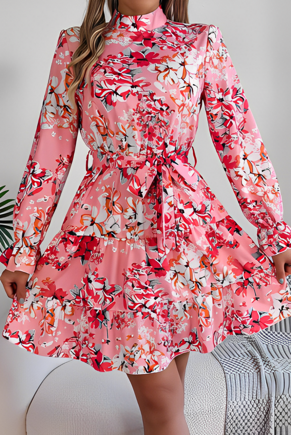 Printed Mock Neck Flounce Sleeve Mini Dress