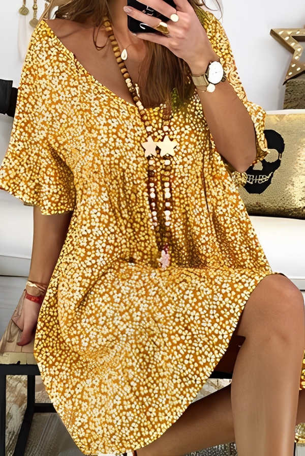 summer new women's wide V-neck loose trumpet sleeve print dress