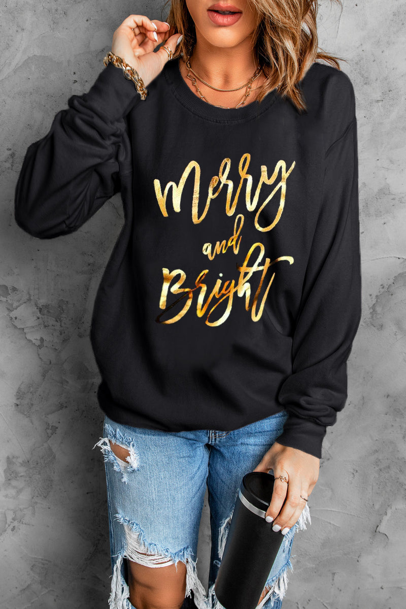 Black Christmas Merry & Bright Letter Graphic Pullover Sweatshirt