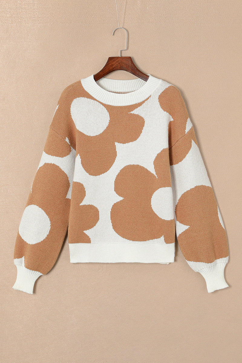 Khaki Big Flower Pattern Drop Shoulder Sweater