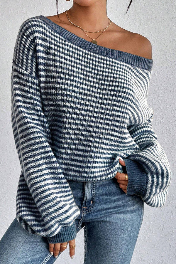 Sail Blue Striped Lantern Sleeve Drop Shoulder Cozy Sweater