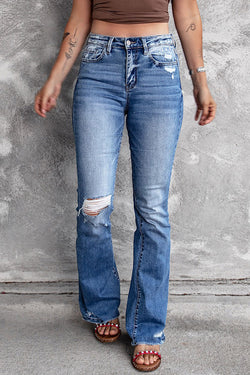 Dark Blue Ripped Raw Hem High Waist Flare Jeans