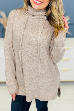 Apricot Drawstring Cowl High Neck Long Sleeve Split Top