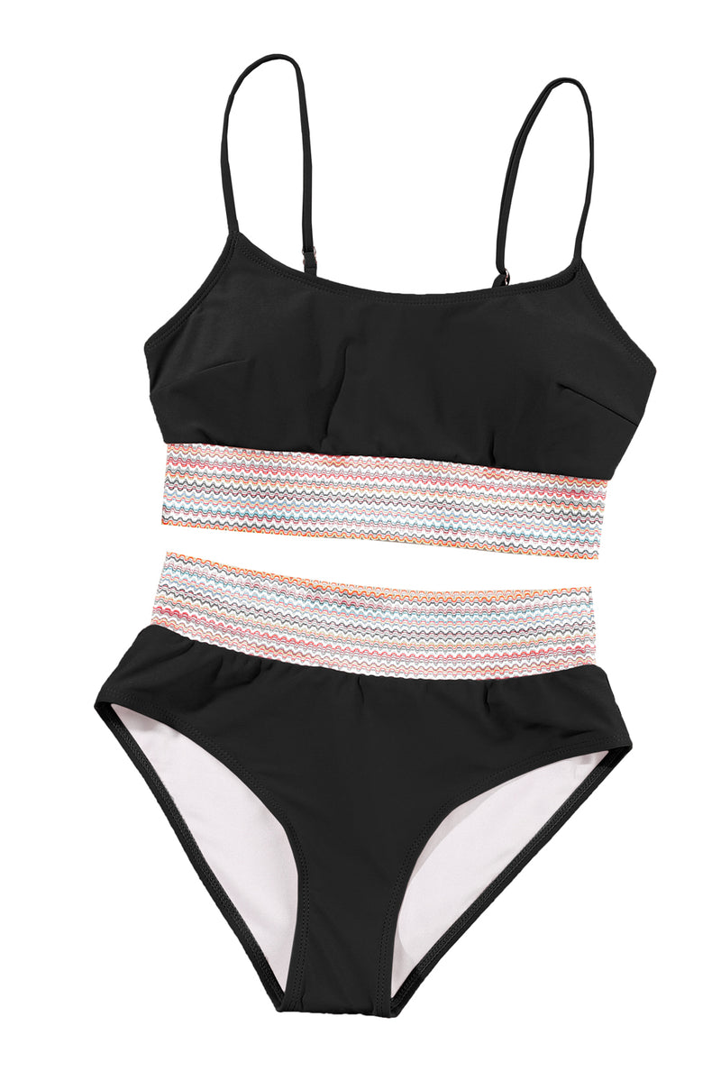 Black Striped Patchwork Spaghetti Strap High Waist Bikini Set