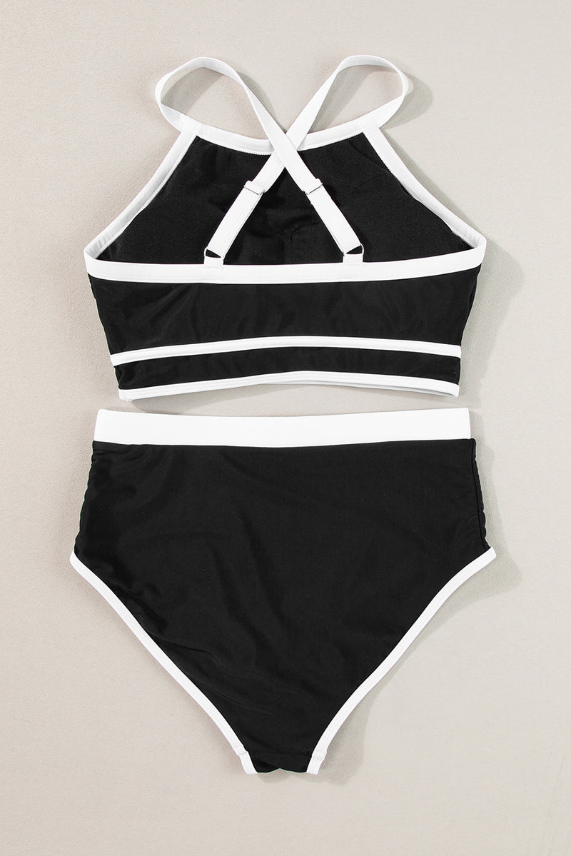 Black Contrast Trim Crisscross Back High Waist Bikini Set