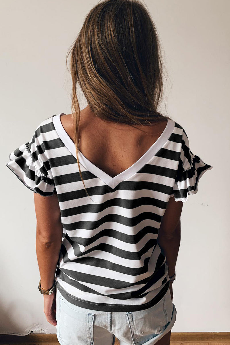 Black Striped V Neck Ruffle Sleeve Top