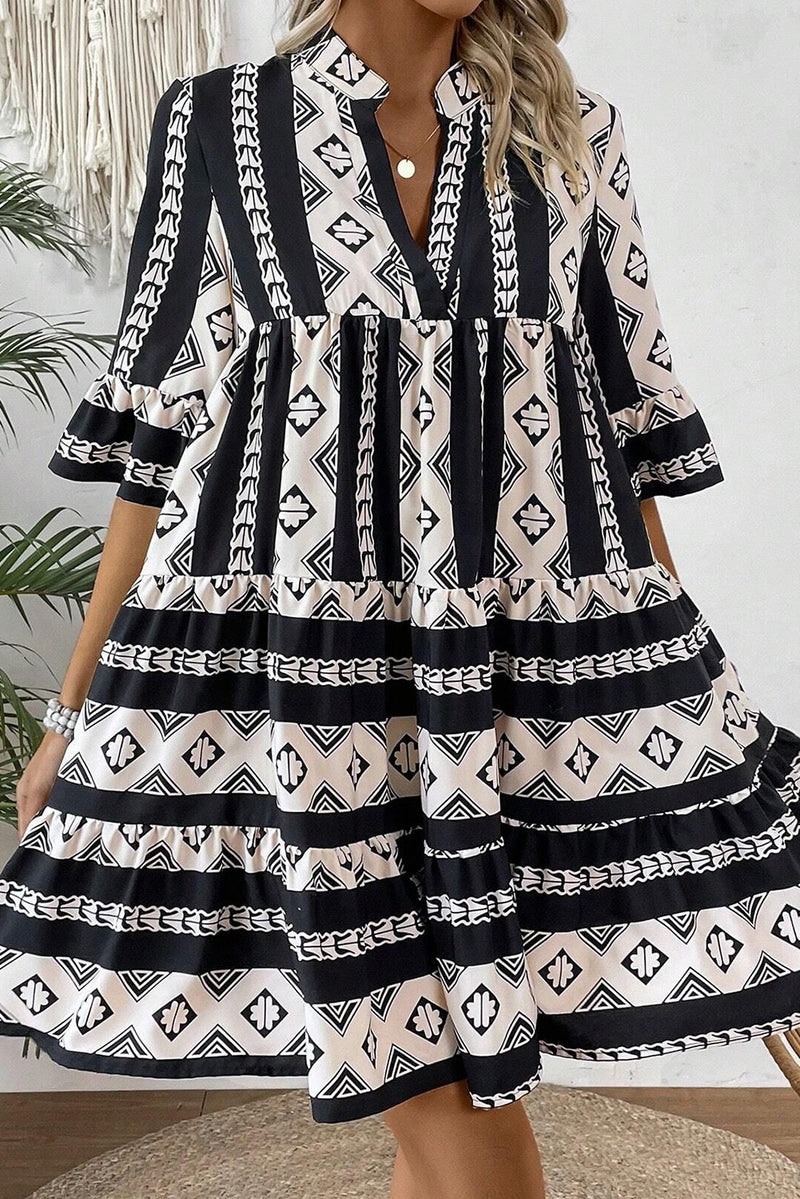 Black Abstract Print Bell Sleeve V Neck Boho Dress