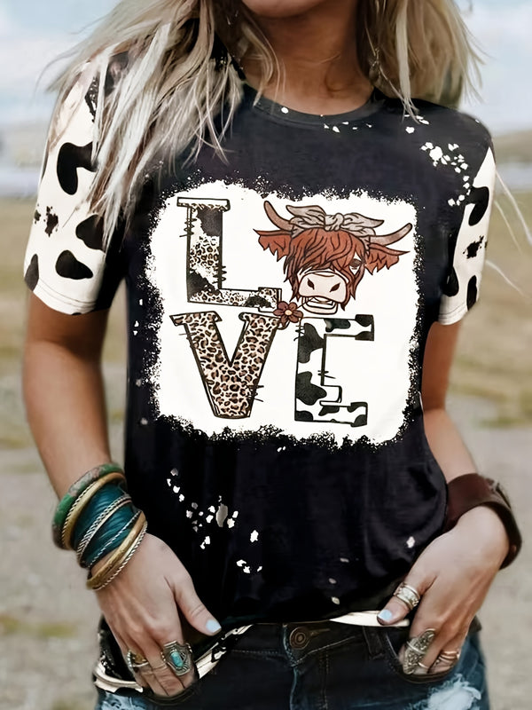 Love Cow Head Print Graphic T-Shirt; Vintage Short Sleeve Crew Neck Casual Top For All Season