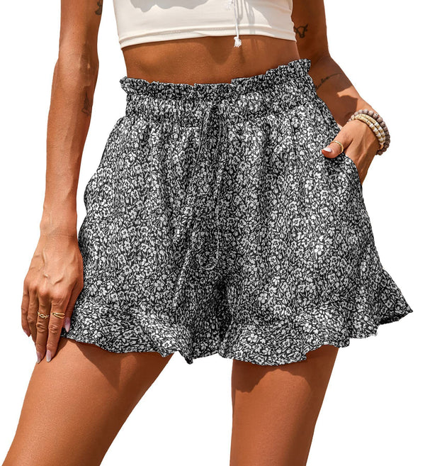 summer new women's Chiffon printed casual pocket waist closing shorts