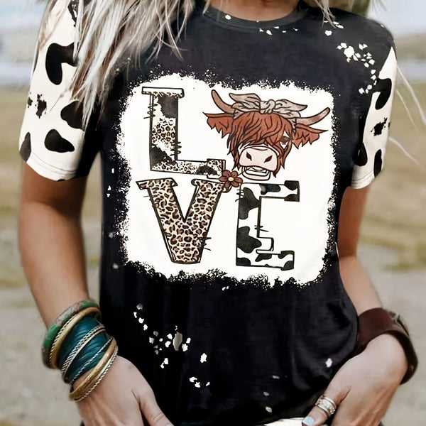 Love Cow Head Print Graphic T-Shirt; Vintage Short Sleeve Crew Neck Casual Top For All Season