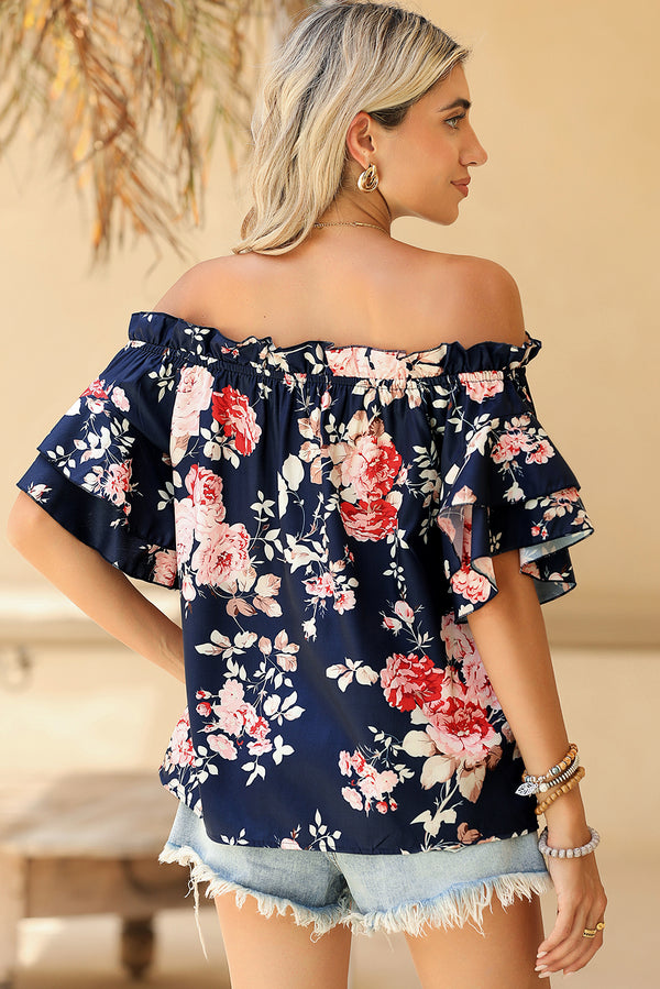 Blue Ruffle Off Shoulder Flounce Sleeve Floral Blouse