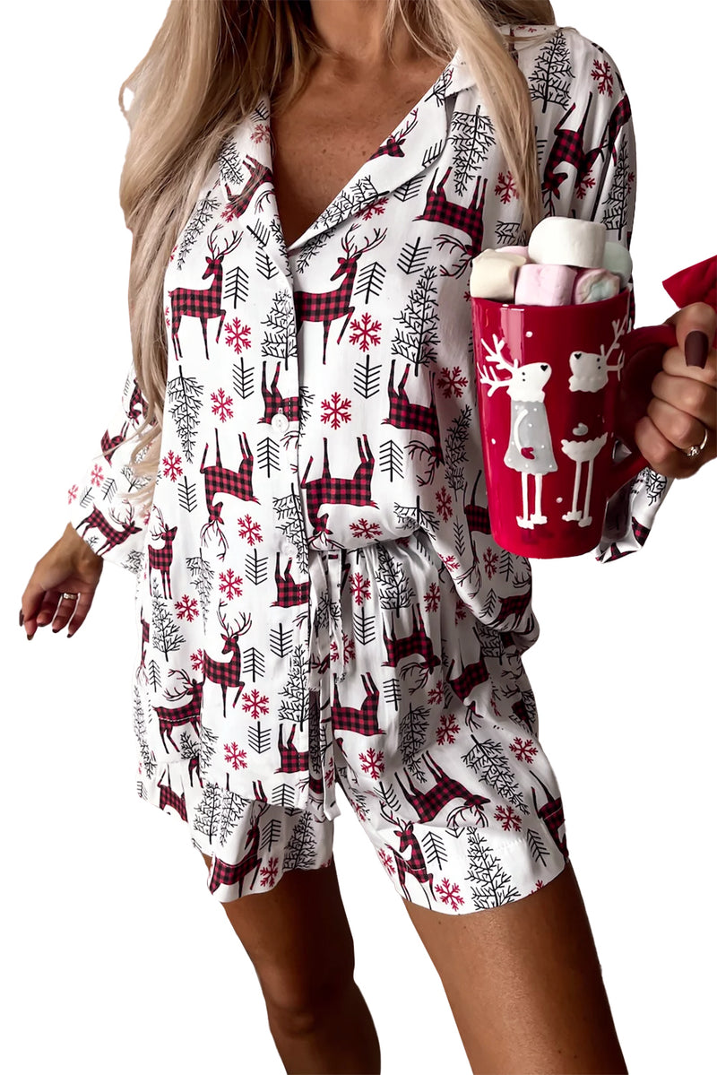 White Christmas Deer Printed Shirt and Shorts Loungewear Set