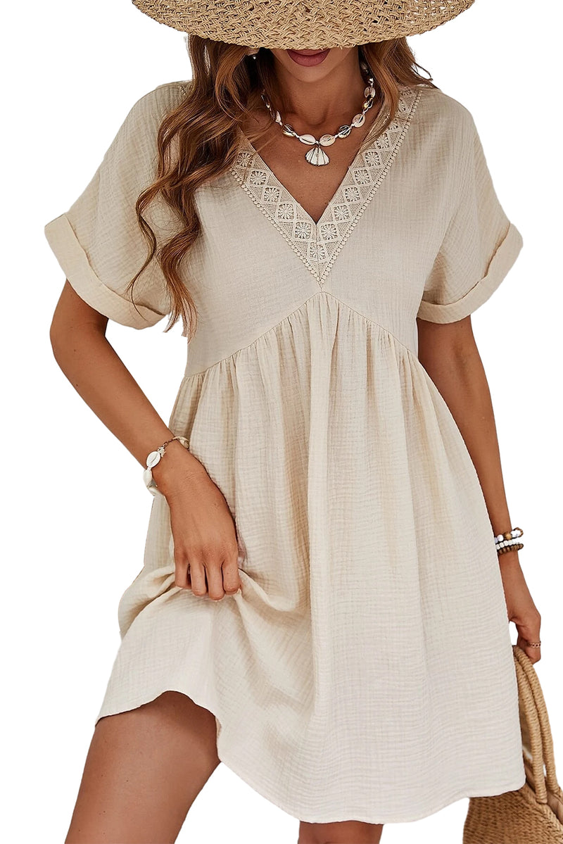 Beige Lace Splicing V Neck Rolled Up Sleeve Empire Waist Mini Dress