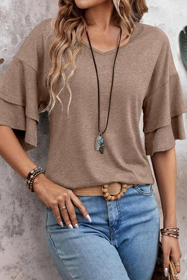 Dune Solid Color V Neck Double Layer Sleeve Loose T-Shirt