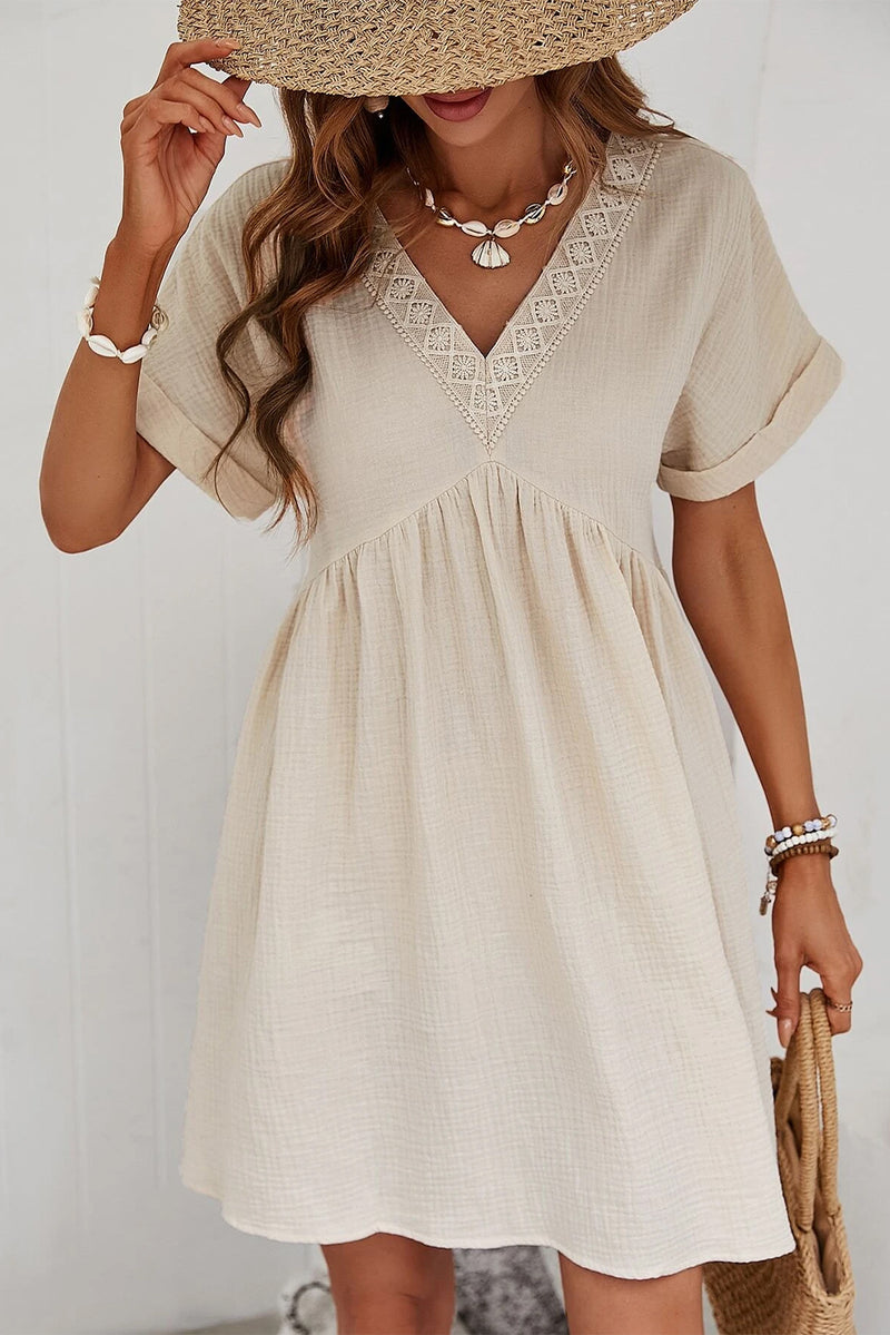 Beige Lace Splicing V Neck Rolled Up Sleeve Empire Waist Mini Dress