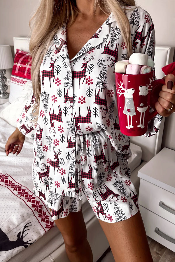 White Christmas Deer Printed Shirt and Shorts Loungewear Set