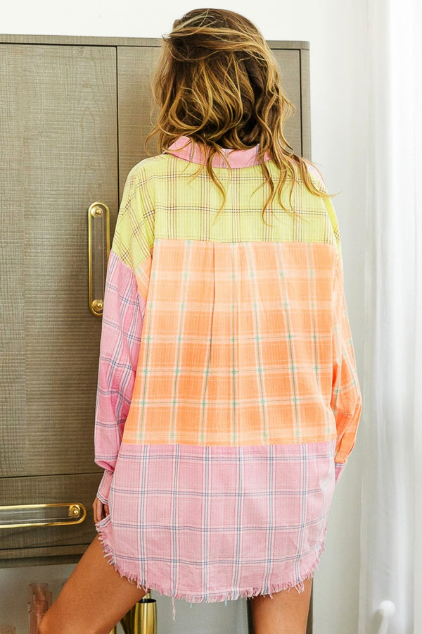 BiBi Plaid Color Block Raw Hem Shirt